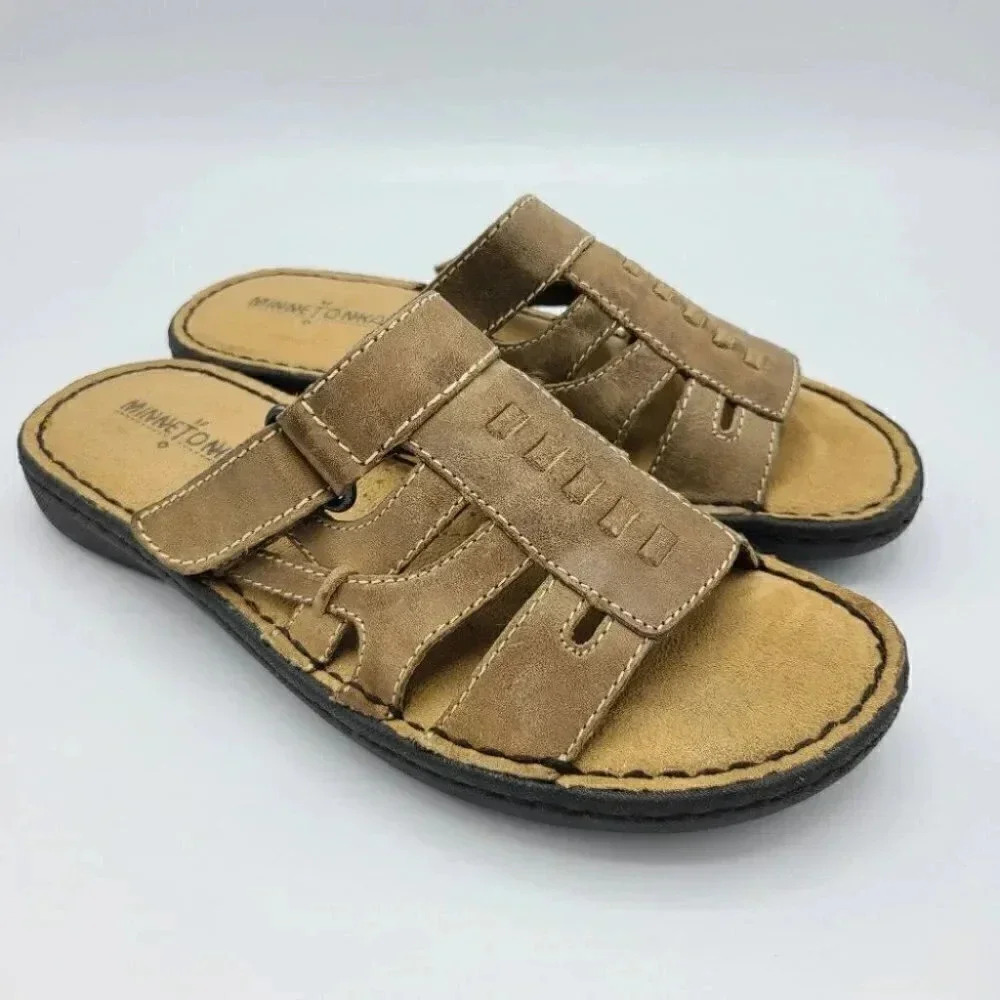 Minnetonka Tan Brown Leather Suede Slides Sandals Comfort Cushioned 7